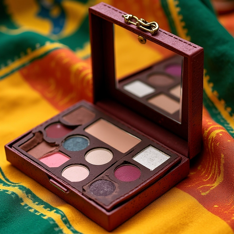 Kit de maquiagem aberto sobre tecido colorido brasileiro, mostrando produtos essenciais para viagem.