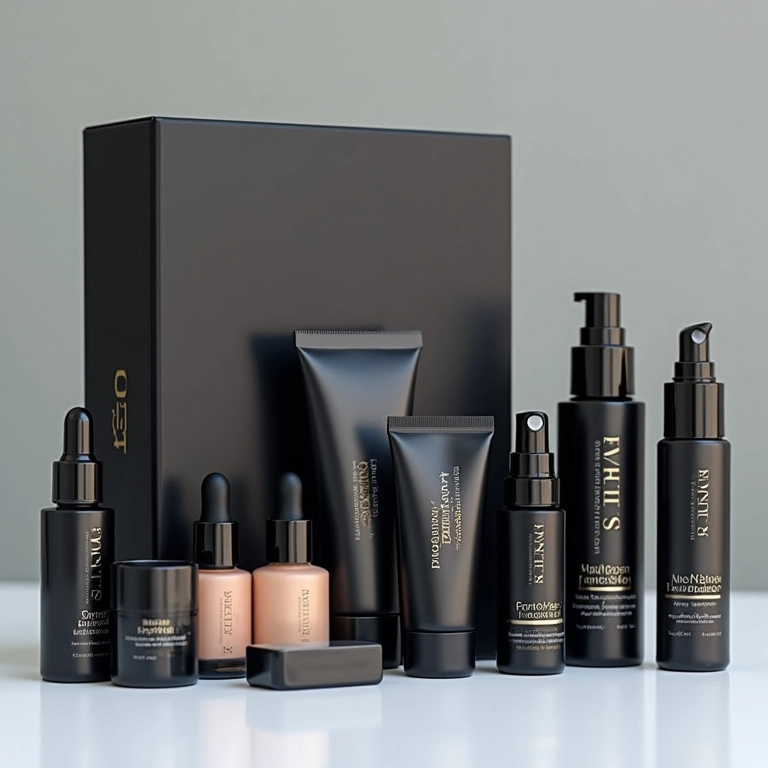 Kit de maquiagem masculina com produtos variados para diferentes tons de pele.