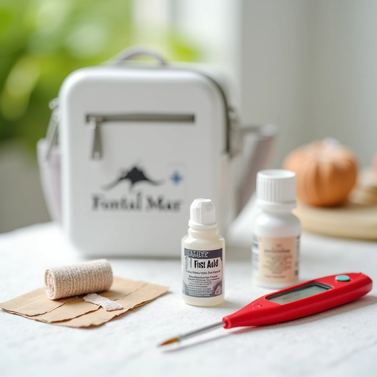 Kit de primeiros socorros para pets com bandagens, antisséptico e termômetro.