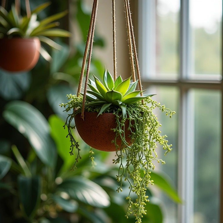 Kokedamas de suculentas suspensas em um apartamento brasileiro vibrante.