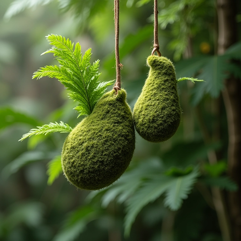 Kokedamas suspensas com samambaias e musgo, arte japonesa em um jardim brasileiro.