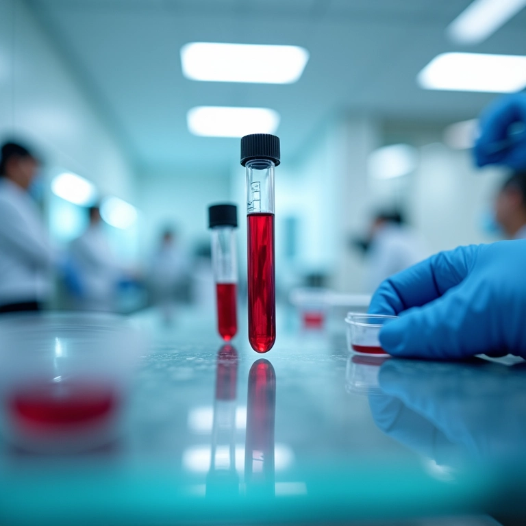 Laboratório de análises clínicas com amostras de sangue sendo processadas.