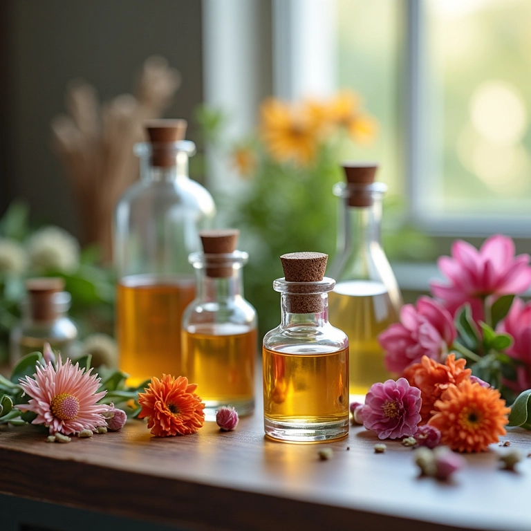 Laboratório de aromaterapia com flores e frascos.