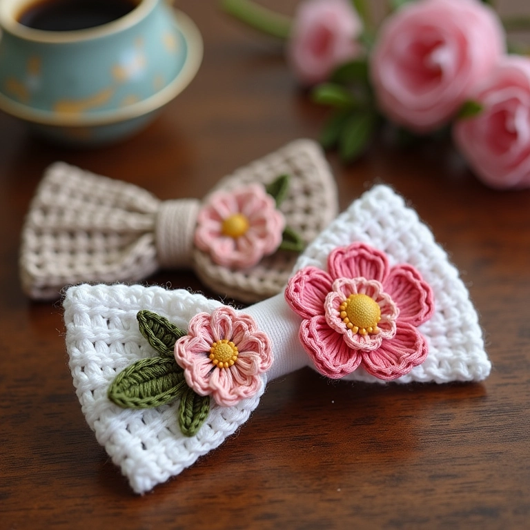 Laço de crochê com flores aplicadas em mesa de madeira com café e flores.