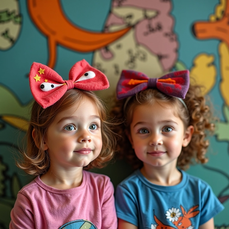 Laço de feltro com personagens infantis em frente a uma parede de arte brasileira.