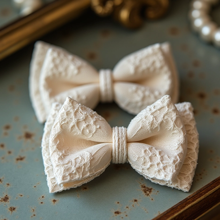 Laço de renda com detalhes em pérolas em penteadeira vintage com joias antigas.