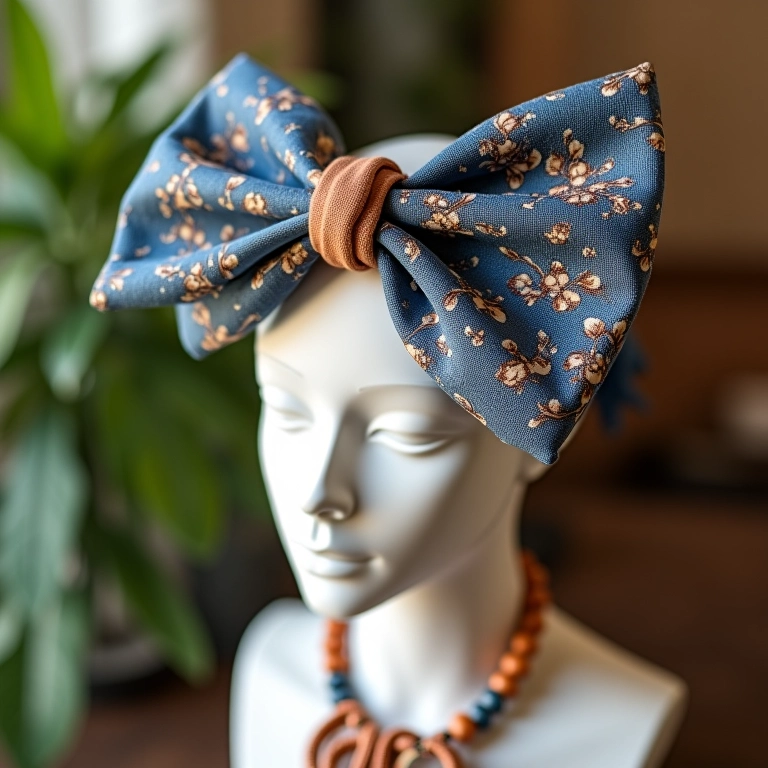 Laço de tecido estampado com nó central, exibido com joias brasileiras.