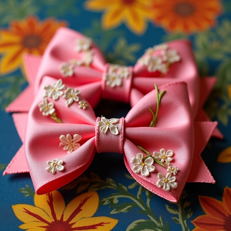 Laços de fita de gorgurão com aplicações florais em fundo têxtil brasileiro.