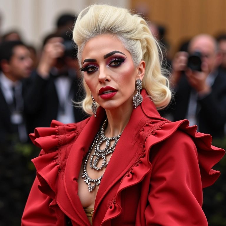Lady Gaga no Met Gala 2024, exibindo excentricidade e performance com um visual teatral e expressivo.