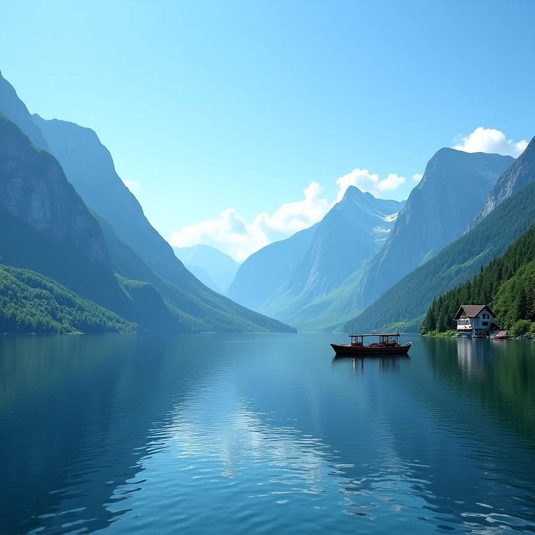 Lago suíço cercado pelos Alpes em um dia ensolarado de verão.