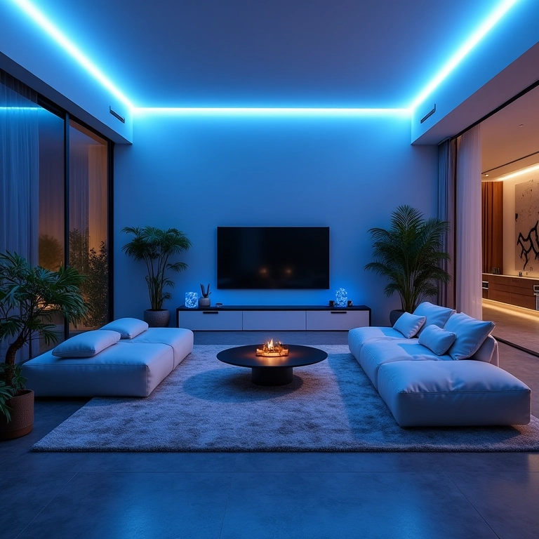 Lâmpadas de tons frios em sala de estar moderna com design minimalista.