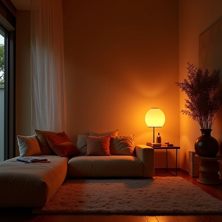 Lâmpadas de tons quentes criam aconchego em sala de estar.