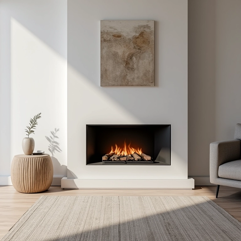 Lareira moderna em sala minimalista com toques de design brasileiro.