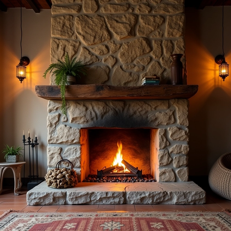 Lareira rústica com detalhes em pedra e madeira, em uma casa brasileira.