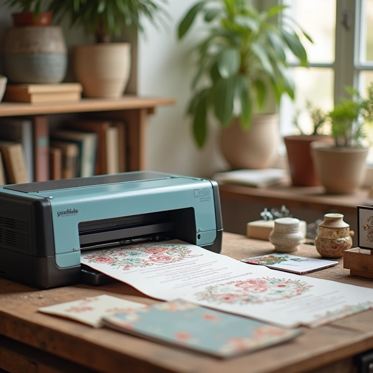 Laser printer in a bright, organized craft studio, artisan creating elegant invitations, 8K Artesã usando impressora laser para criar convites elegantes.