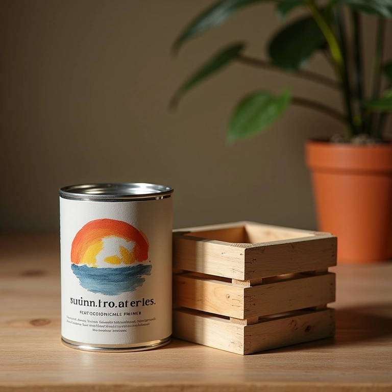 Lata de primer Suvinil ao lado de caixa de madeira pintada.