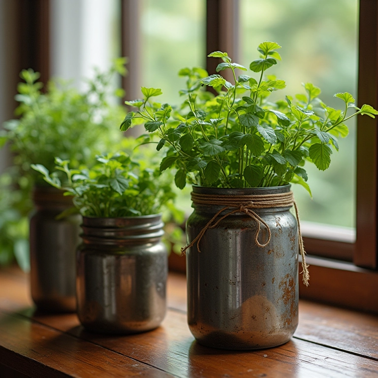 Latas e potes de vidro reutilizados como vasos para ervas e plantas.