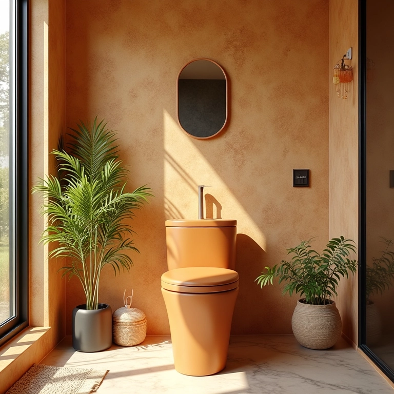 Lavabo moderno com decoração brasileira vibrante e iluminação natural.