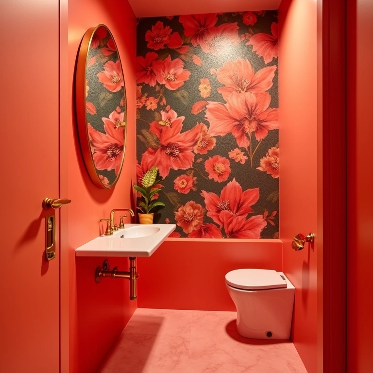 Lavabo pequeno com paredes coral e papel de parede floral vibrante.