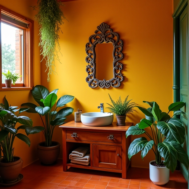 Lavabo pequeno e charmoso com espelho decorativo, plantas e cores vibrantes.