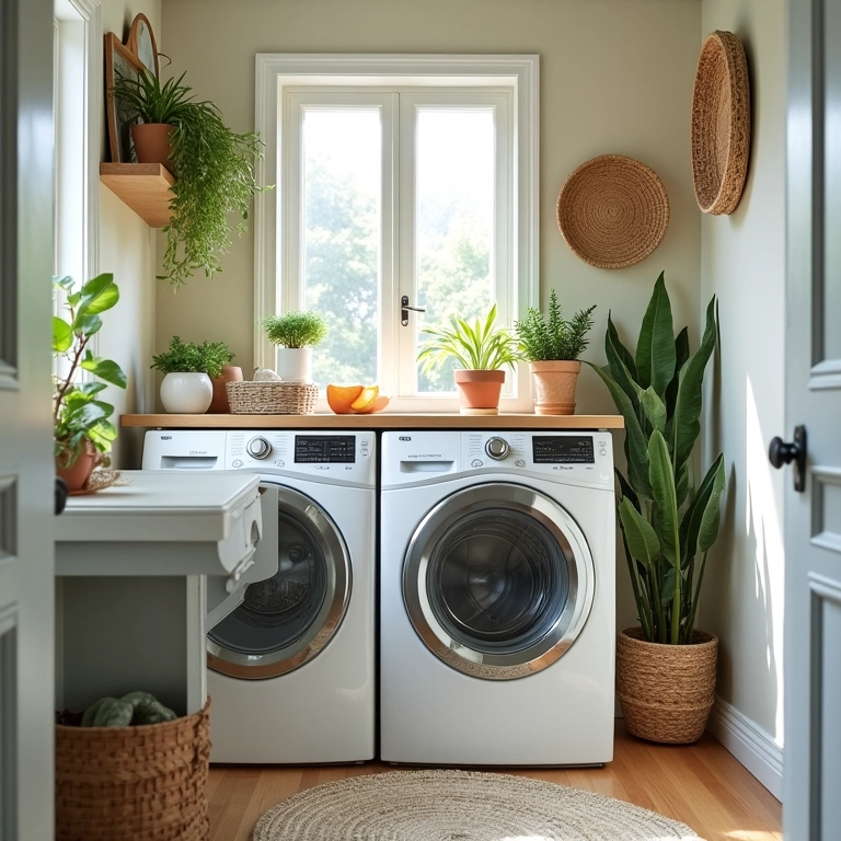 Lavanderia pequena organizada com cestos, plantas e iluminação natural.