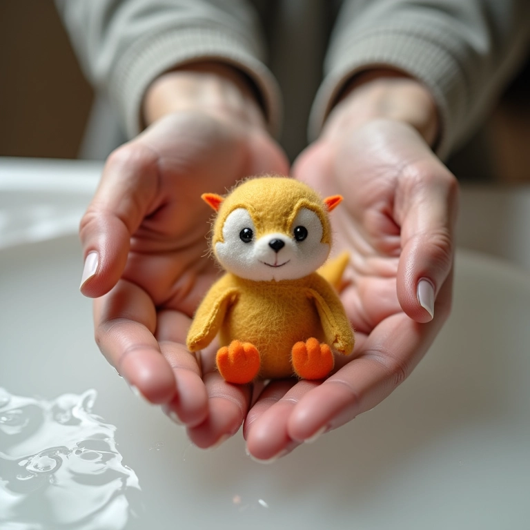 Lavando delicadamente um brinquedo de feltro 3D com água e sabão.