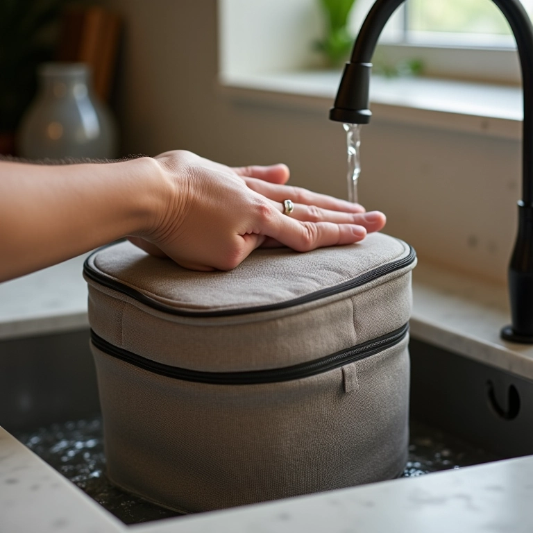 Lavando o porta travessa térmico à mão.