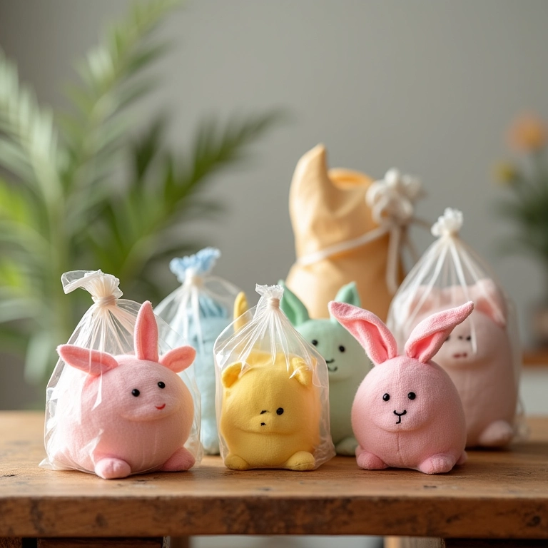 Lembrancinhas criativas e úteis para chá de bebê dispostas em mesa de madeira rústica.