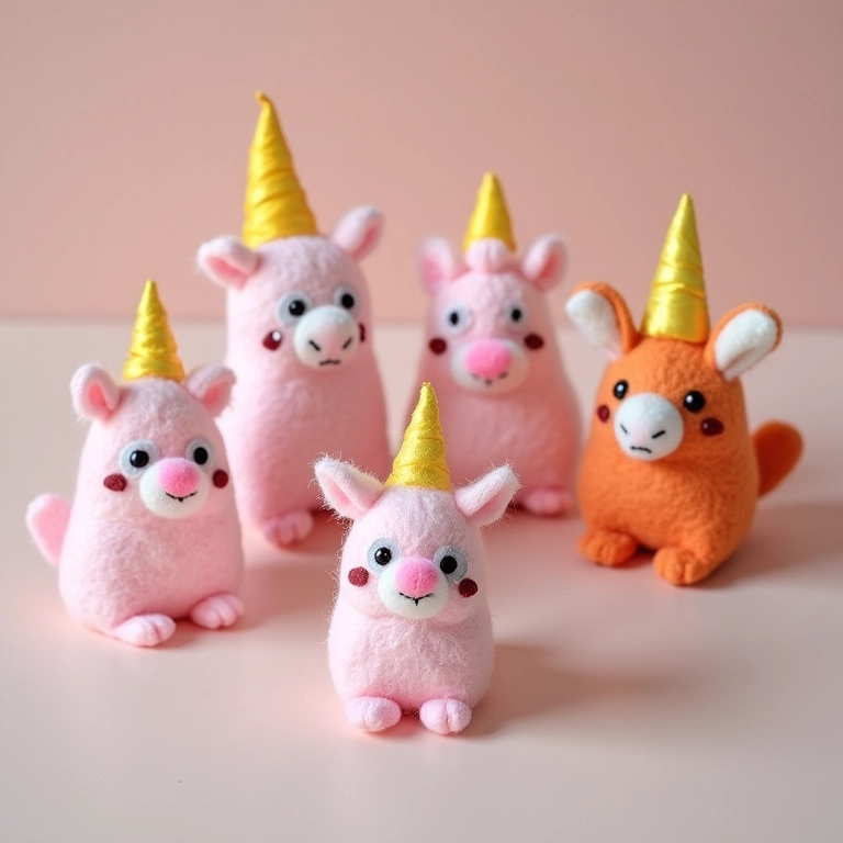 Lembrancinhas de aniversário em feltro com designs delicados e cores pastel.