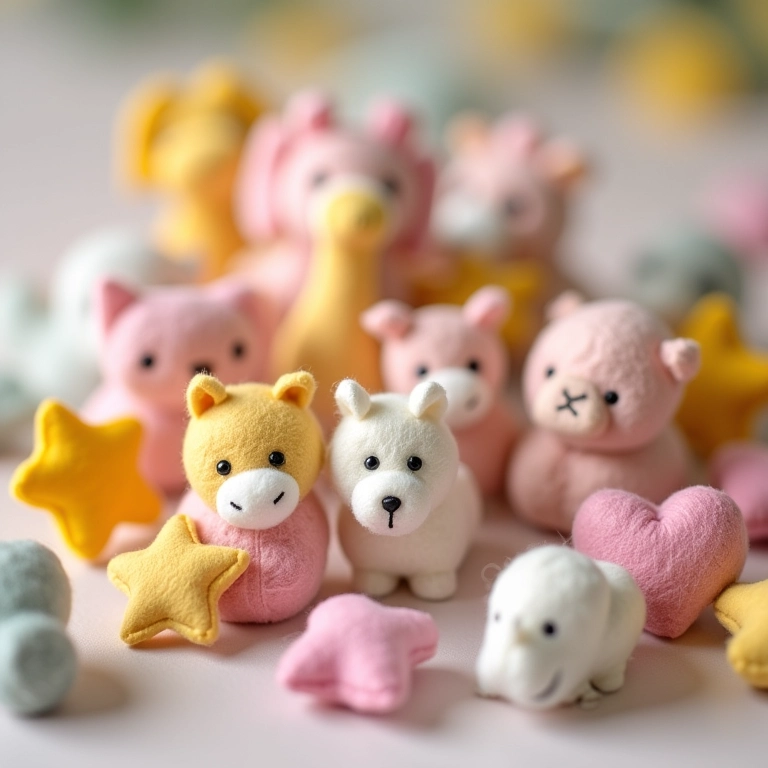 Lembrancinhas de feltro para chá de bebê: miniaturas de animais, corações e estrelas.