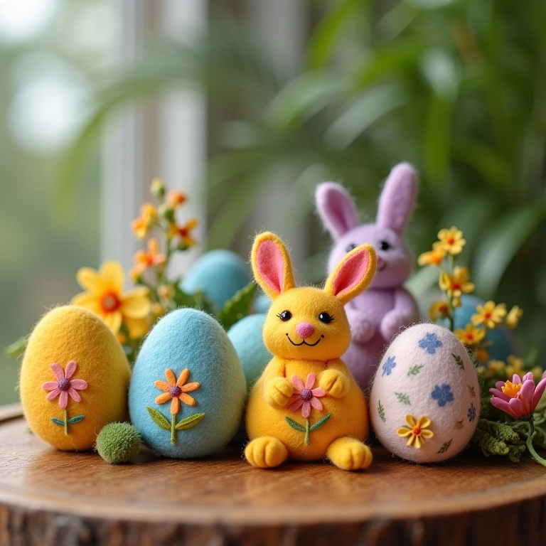 Lembrancinhas de Páscoa em feltro com coelhos, ovos e flores.