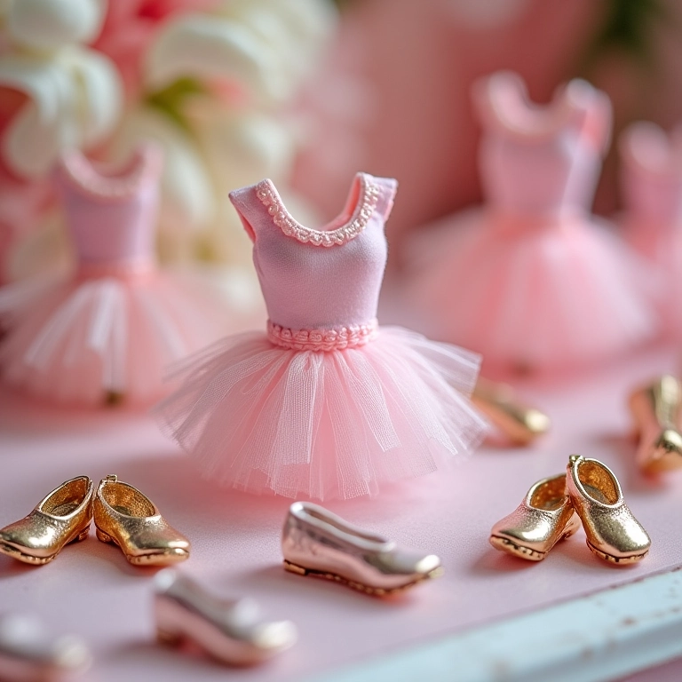 Lembrancinhas personalizadas com tema de dança em uma mesa.