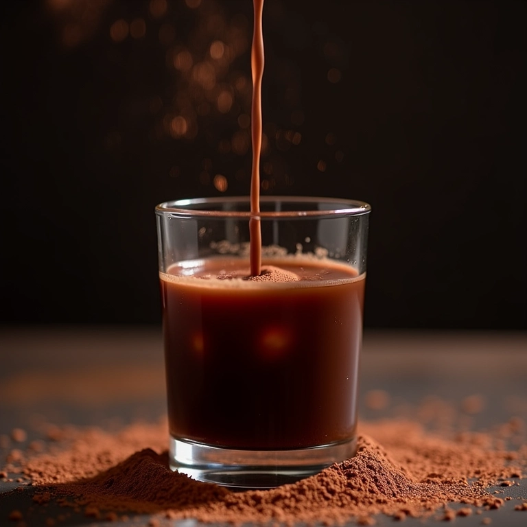 Licor de chocolate intenso sendo servido, com detalhes de cacau em pó.