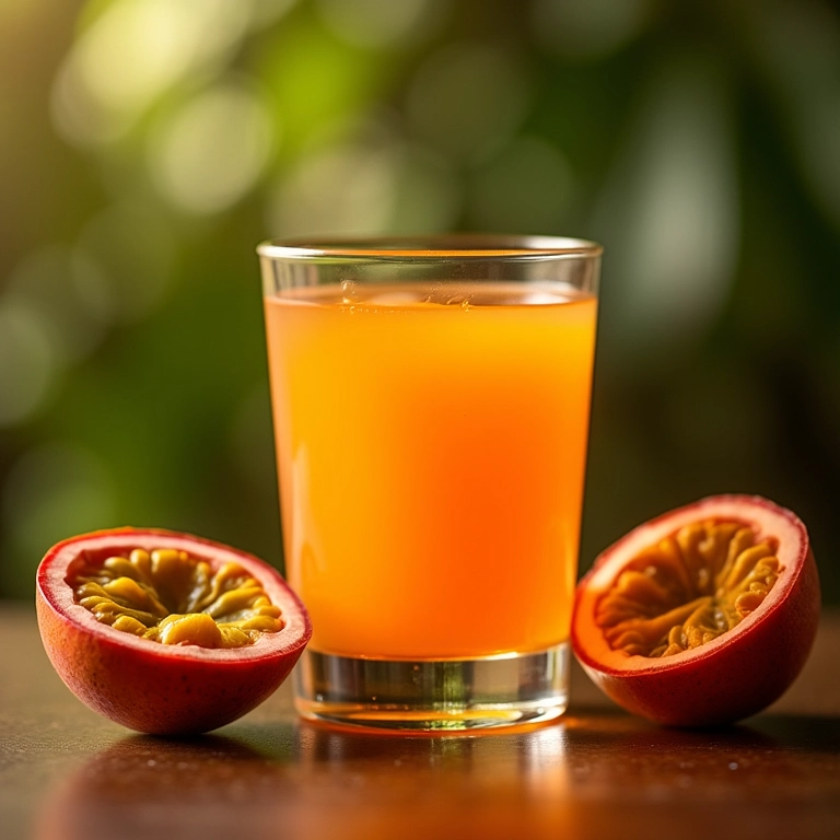 Licor de maracujá tropical com a cor vibrante da fruta e metades de maracujá.