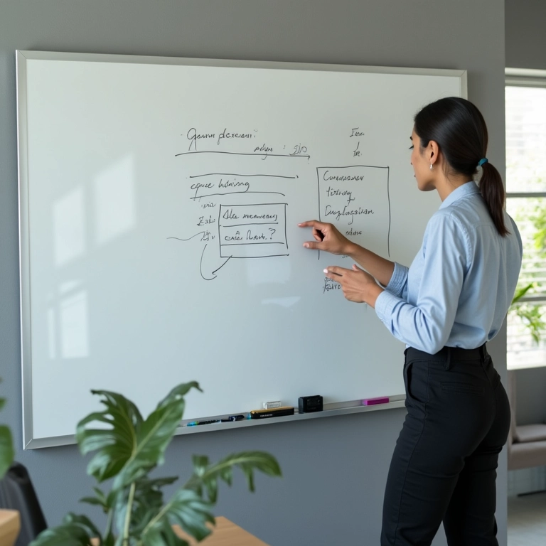 Líder brasileira comunicando estratégia de forma clara e assertiva à sua equipe.
