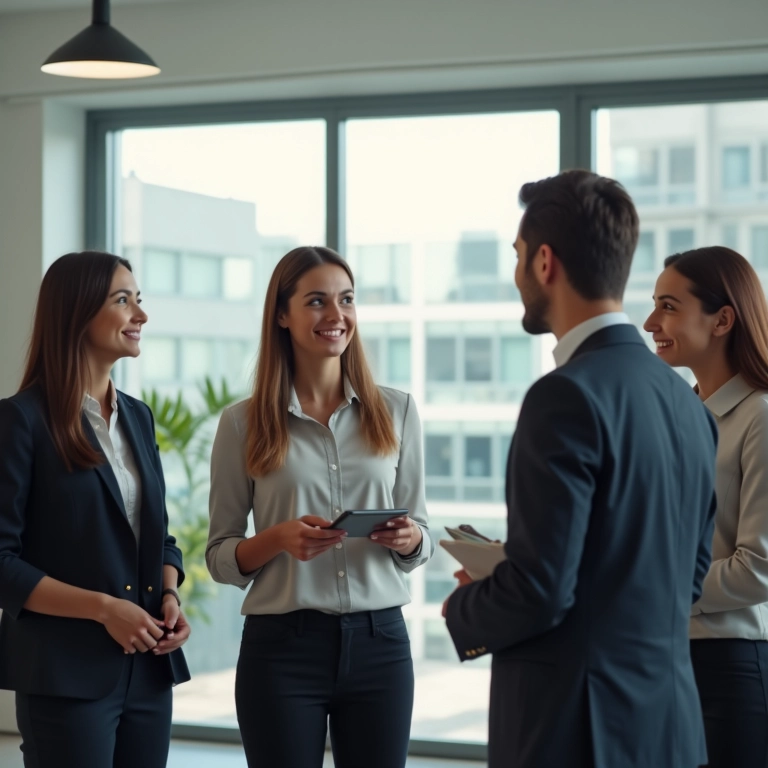 Líder delegando tarefas com confiança para sua equipe em um escritório moderno.