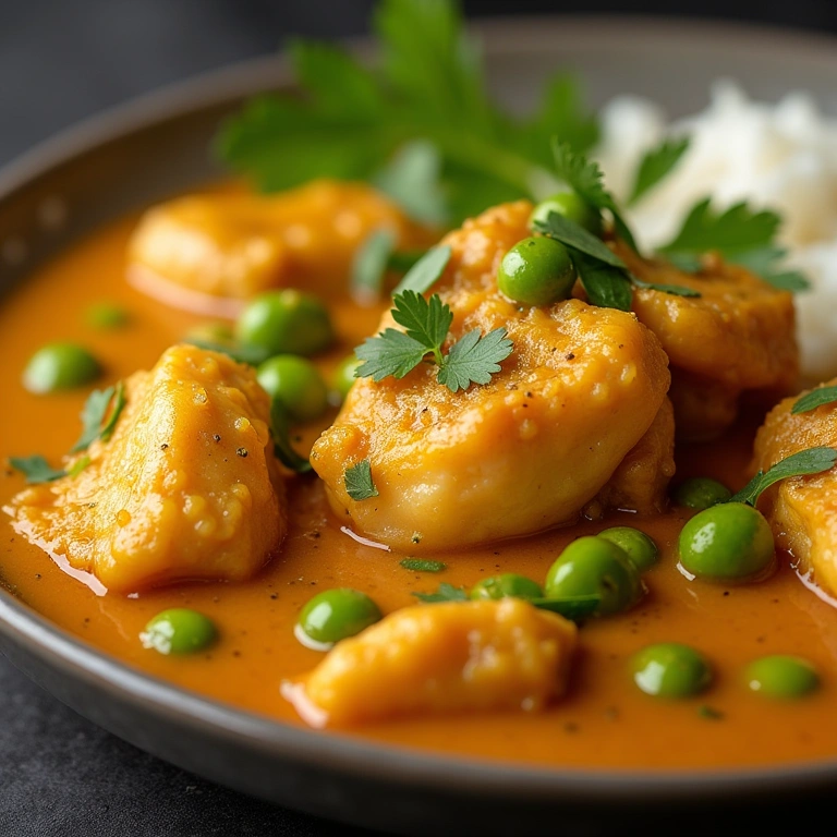 Light chicken curry with peas, fresh touch, professional photography, 8K quality, natural lighting, Frango ao curry light com ervilhas: um toque de frescor.