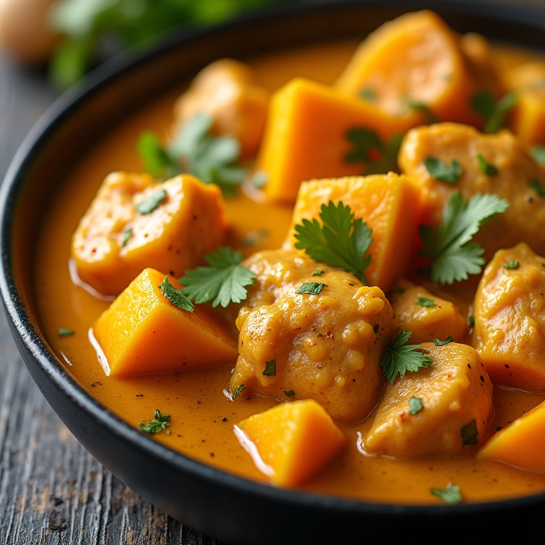 Light chicken curry with pumpkin pieces, vibrant colors, professional photography, 8K quality, Frango ao curry light com abóbora: uma doce surpresa.