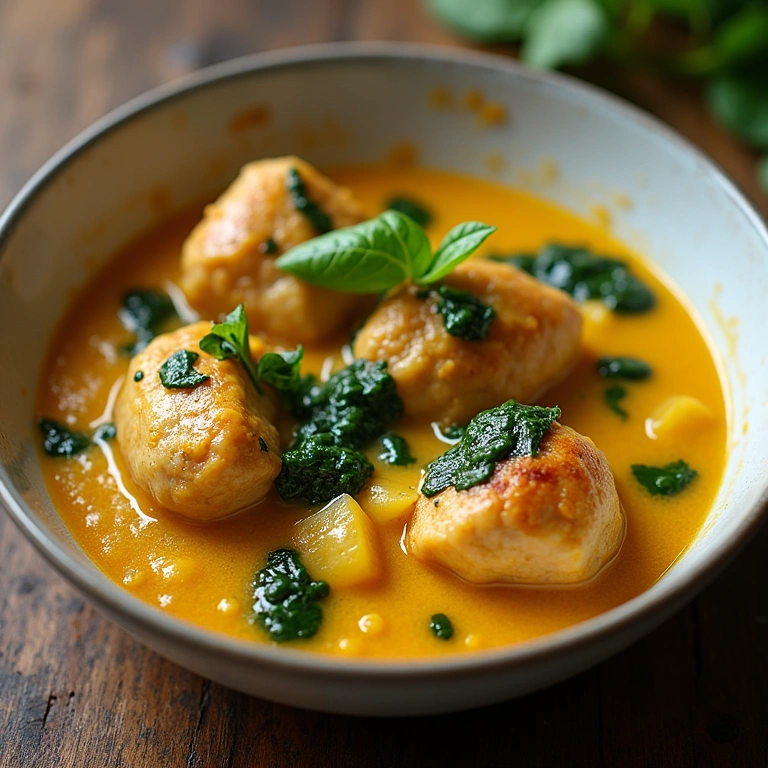 Light chicken curry with spinach, extra nutrition, professional photography, 8K quality, natural Frango ao curry light com espinafre: nutrição extra.