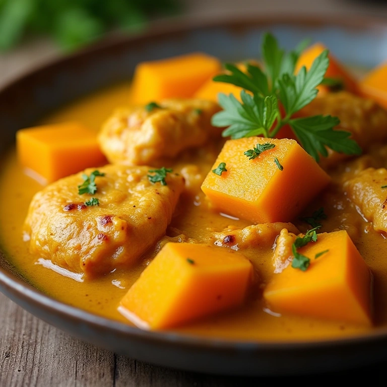 Light chicken curry with sweet potato, energy and flavor, professional photography, 8K quality, Frango ao curry light com batata doce: energia e sabor.