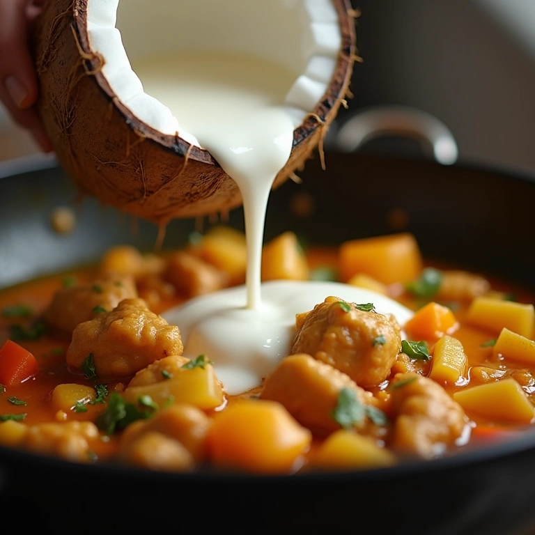 Light coconut milk being poured into chicken curry with vegetables, professional photography, 8K Leite de coco light sendo adicionado ao frango ao curry.
