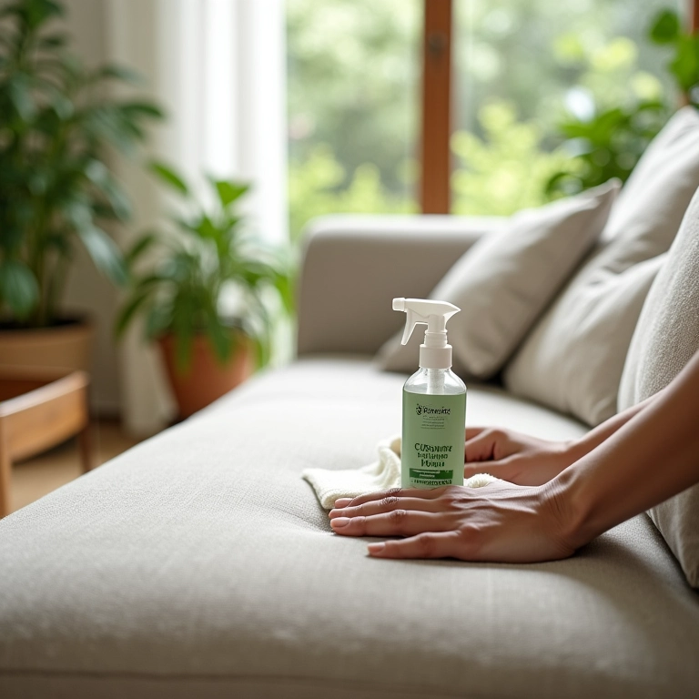 Limpeza de sofá com produtos naturais, destacando a sustentabilidade.