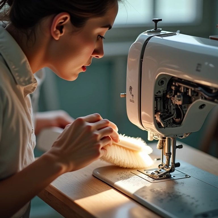 Limpeza regular da máquina de costura doméstica com escova macia.