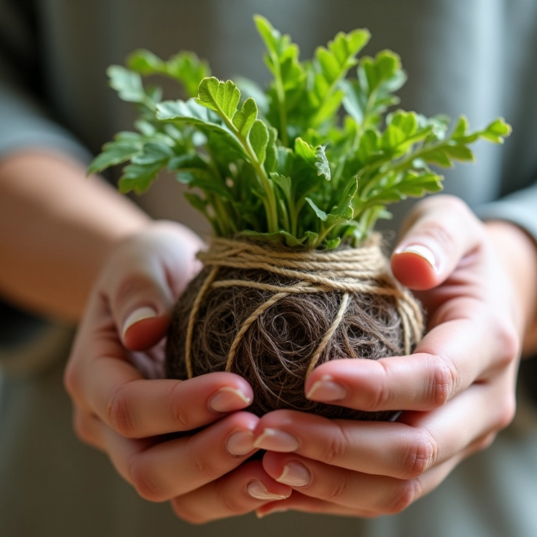 Linha ou barbante sendo usado para criar kokedama.