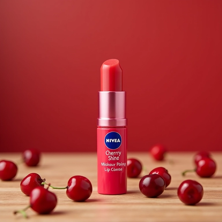 Lip Care Cherry Shine da Nivea, lábios hidratados com um toque de cor e brilho.