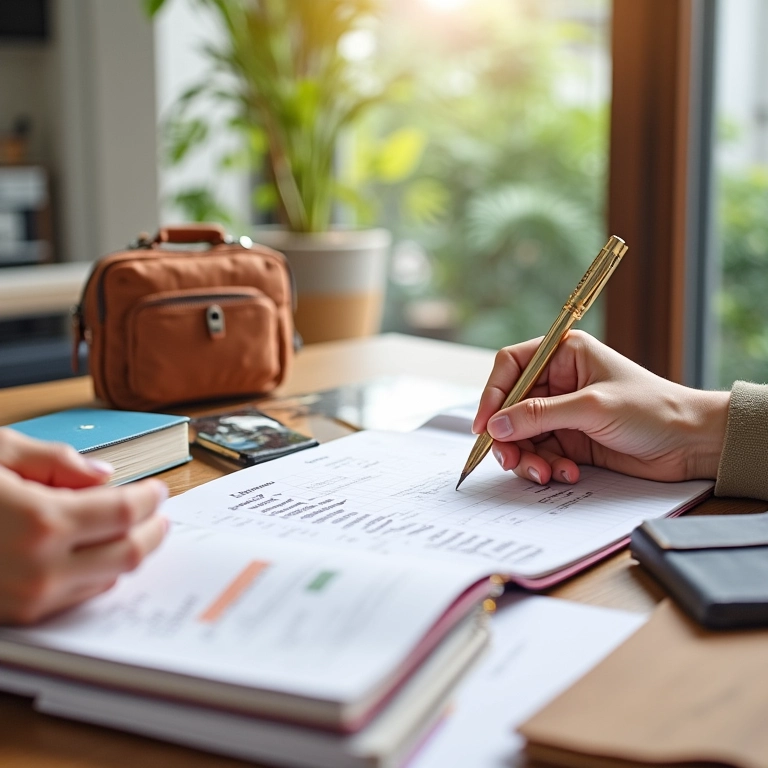 Lista de itens essenciais de viagem sendo escrita em um caderno.