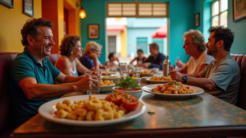Little Havana, Miami. Cuban restaurant, vibrant colors, traditional food, people enjoying lunch, Little Havana: Restaurante cubano vibrante em Miami.
