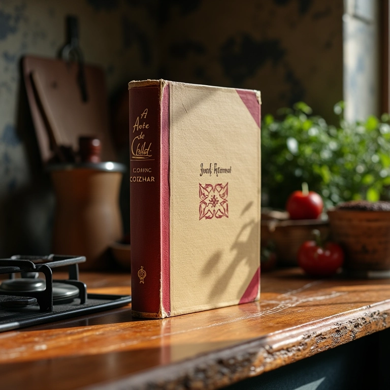 Livro 'A Arte de Cozinhar' de Julia Child em uma cozinha rústica, cercado por utensílios.