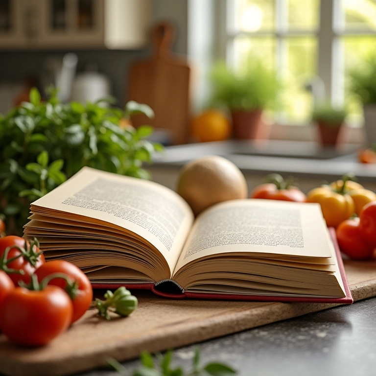 Livro 'Panelinha' aberto em uma cozinha ensolarada, com ingredientes frescos ao redor.