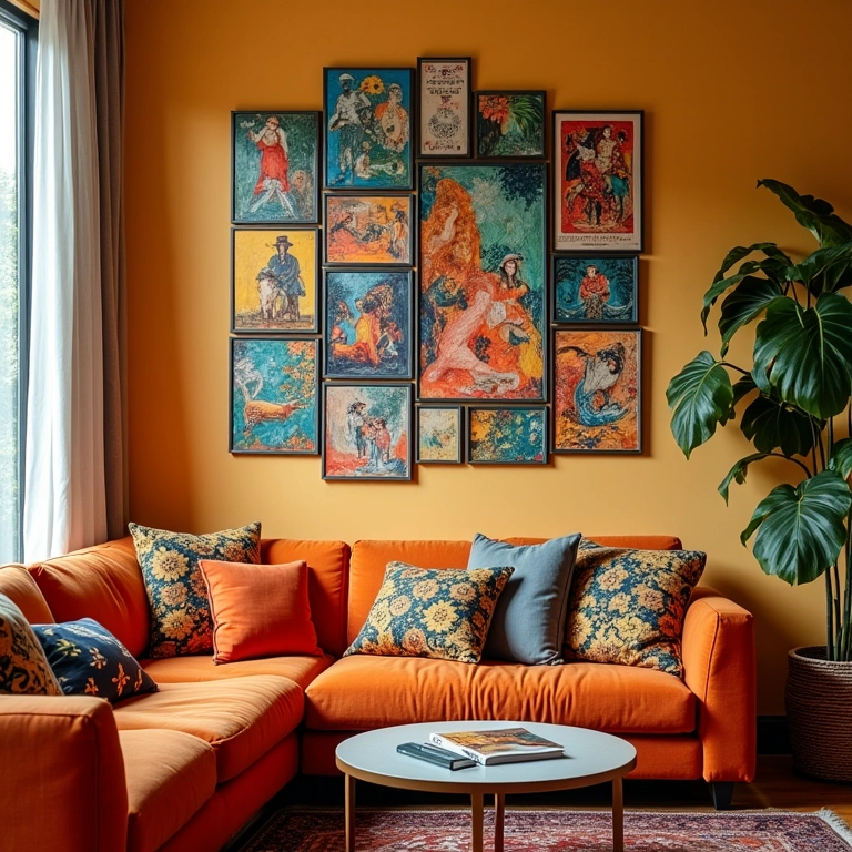 Livros dispostos como obras de arte na parede da sala.